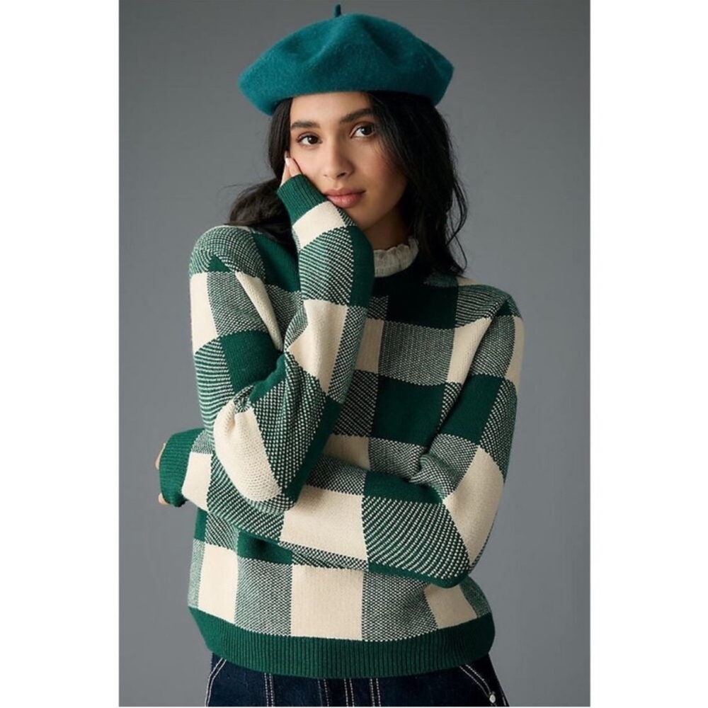 Green and Cream Checkered Sweater